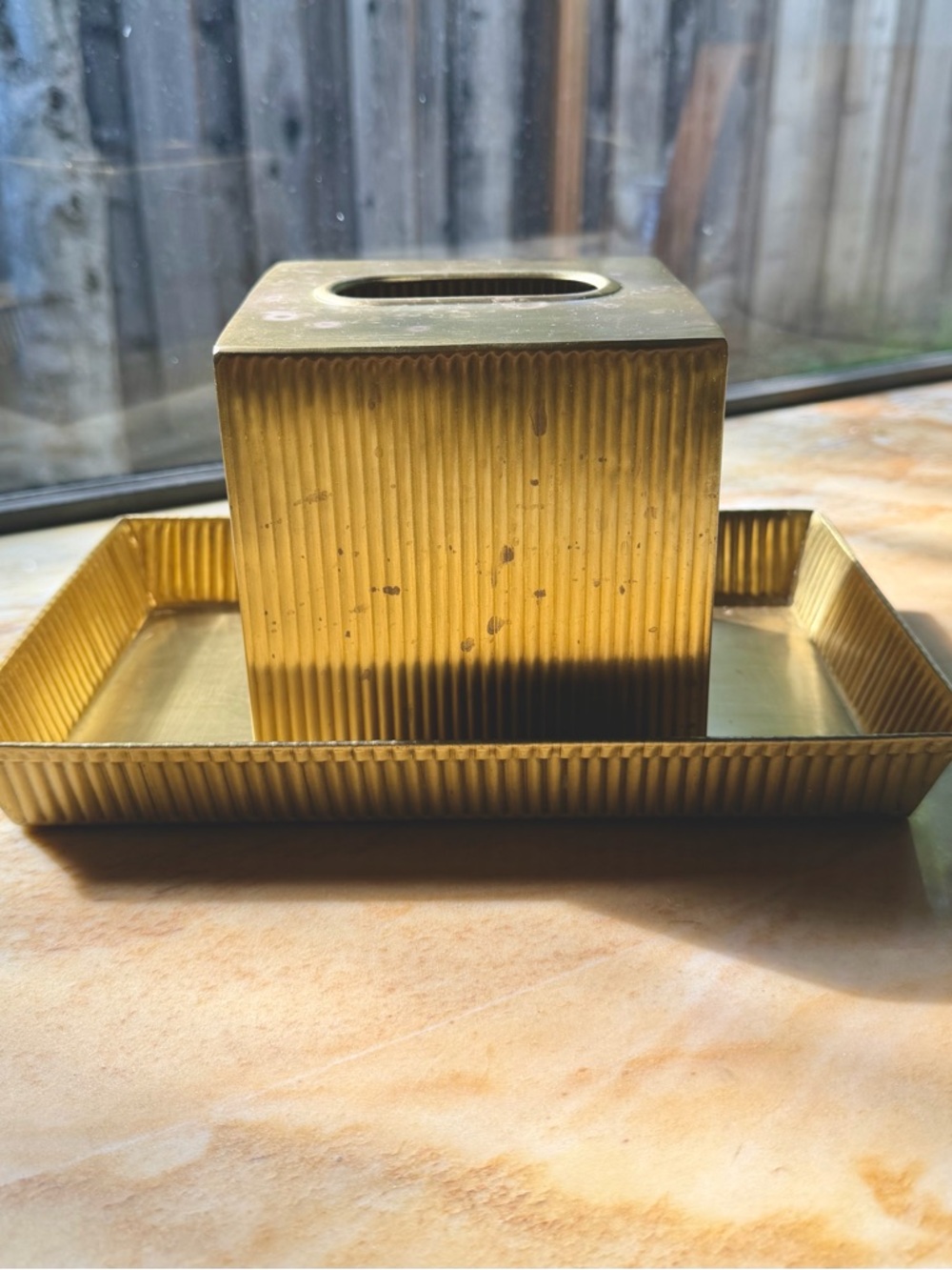 Pigeon and Poodle Gold Ribbed Metal Tissue Box and Tray Set
